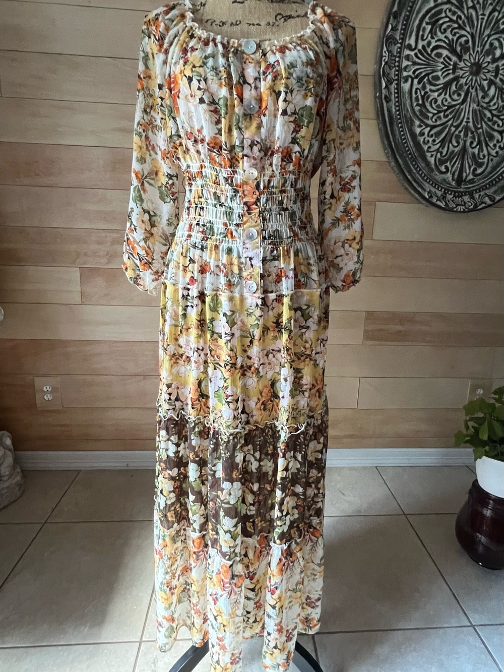 Fig and Flower Cream Floral Tiered Maxi Dress Brown & Yellow Accents Size Small